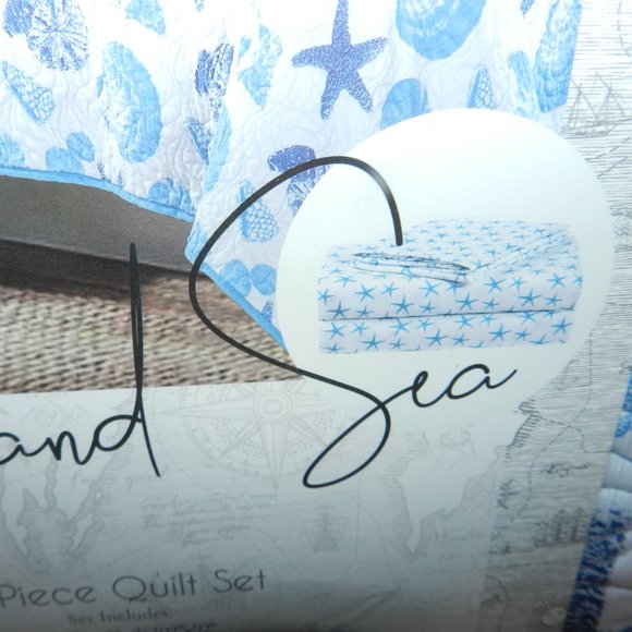 Sun & Sea 9 Pc Quilt Bedding Set Ocean Seashells Coastal King Blue/White NEW/NEW - Picture 7 of 14